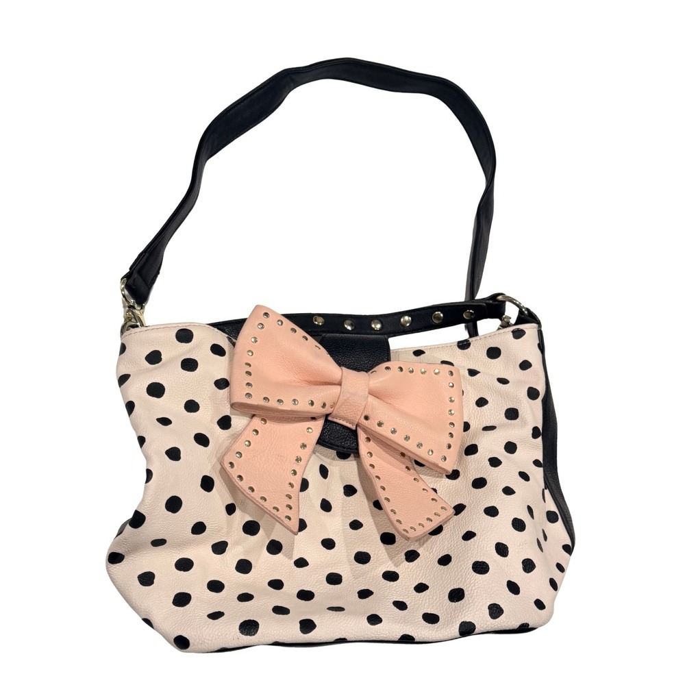 Betsey Johnson‎ Polka Dot Pink Studded Bow Shoulder Bag Purse Medium Twee Y2k